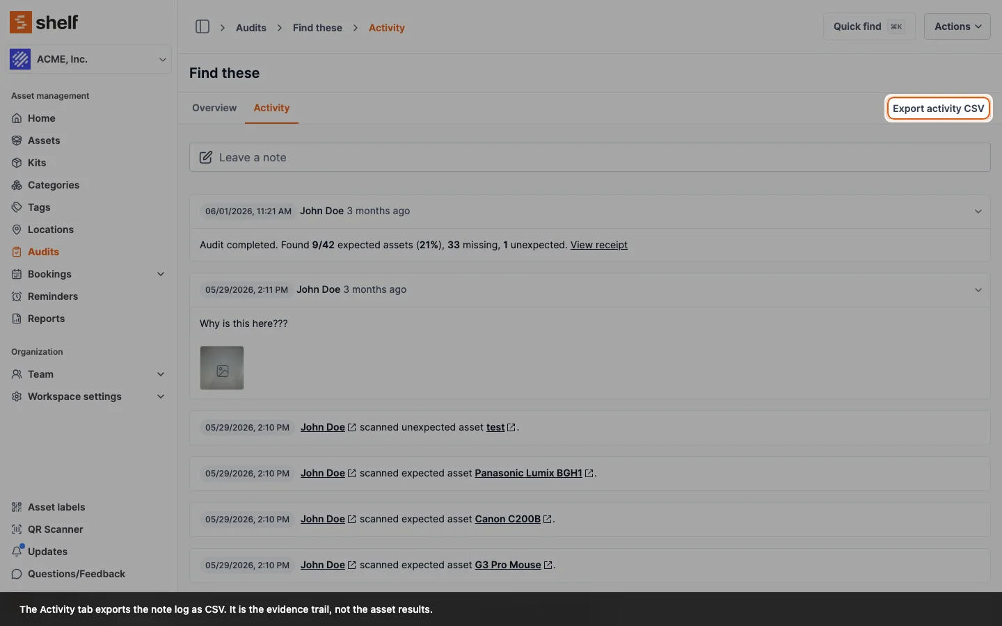 The Activity tab of an audit, with the Export activity CSV button above the note log