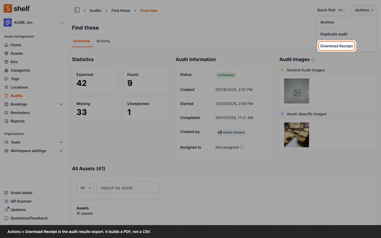 The Actions menu on a completed audit, with Download Receipt as the export item