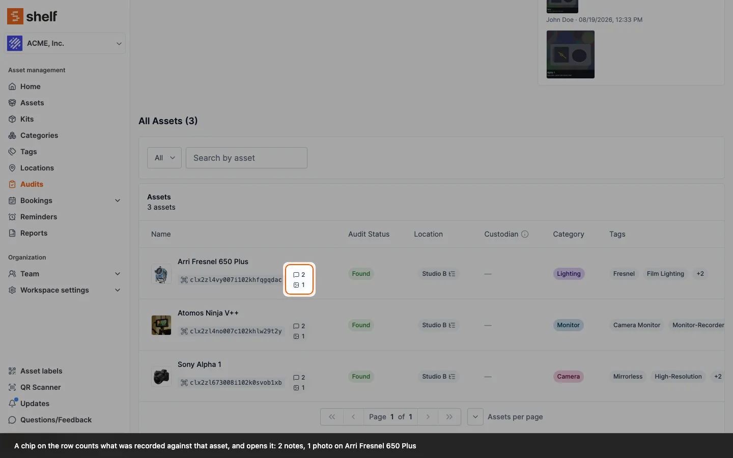 An audit asset row with a chip reading 2 notes and 1 photo, which opens the notes and images for that asset
