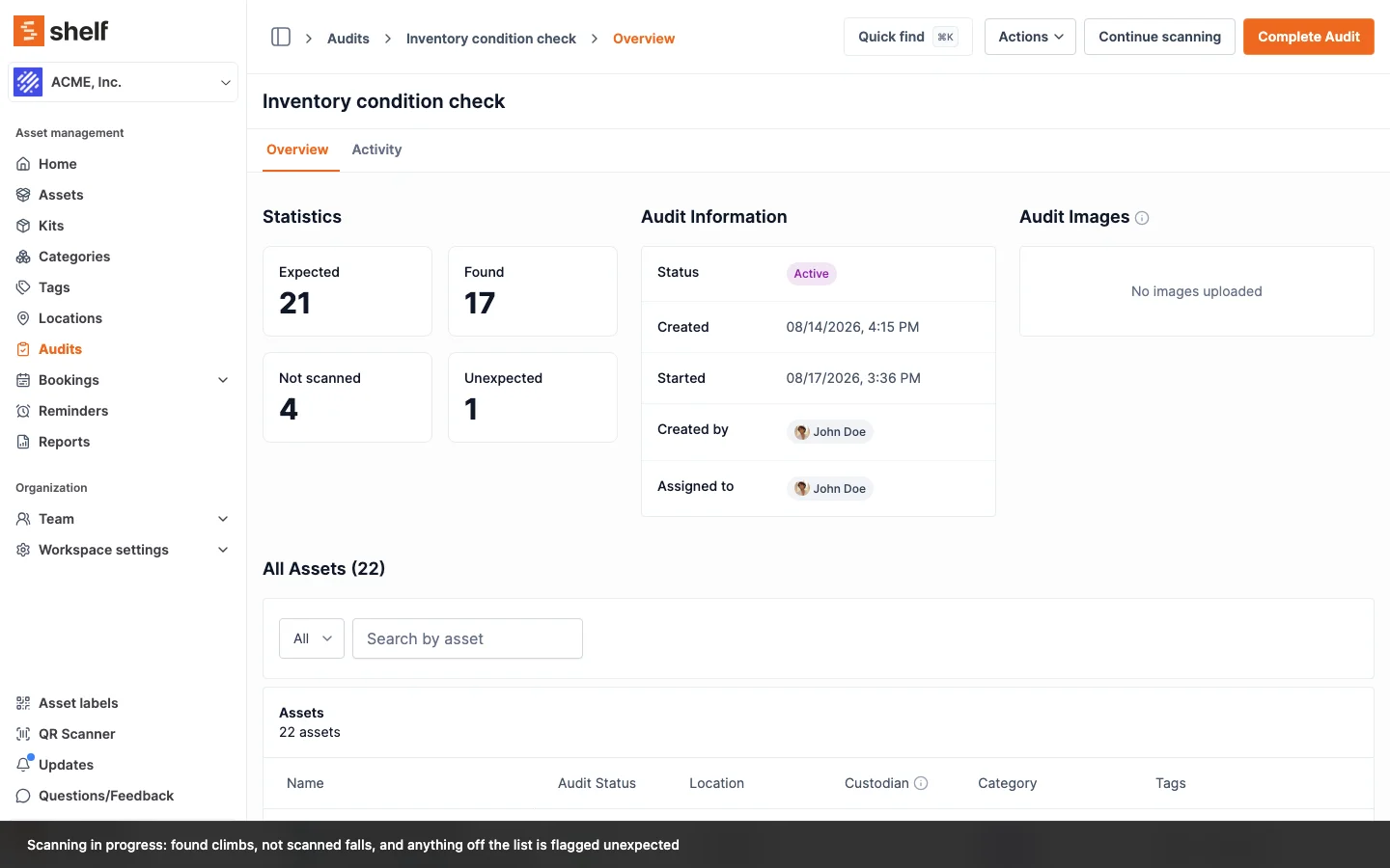 Audit overview part-way through a count: 21 expected, 17 found, 4 not scanned, 1 unexpected