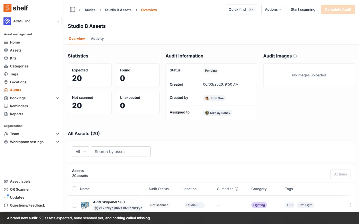 Audit overview with Expected 20, Found 0, Not scanned 20, ready to scan