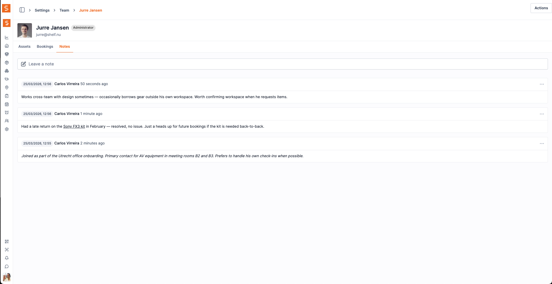 Admin notes tab on a team member profile