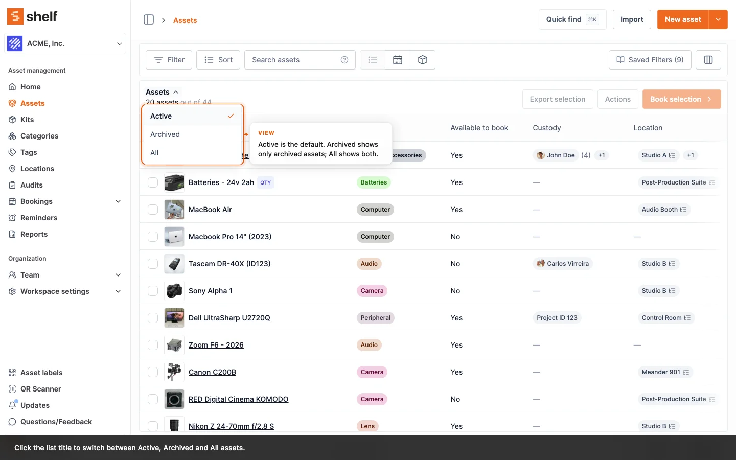 The asset index with the list title opened as a menu offering Active, Archived and All