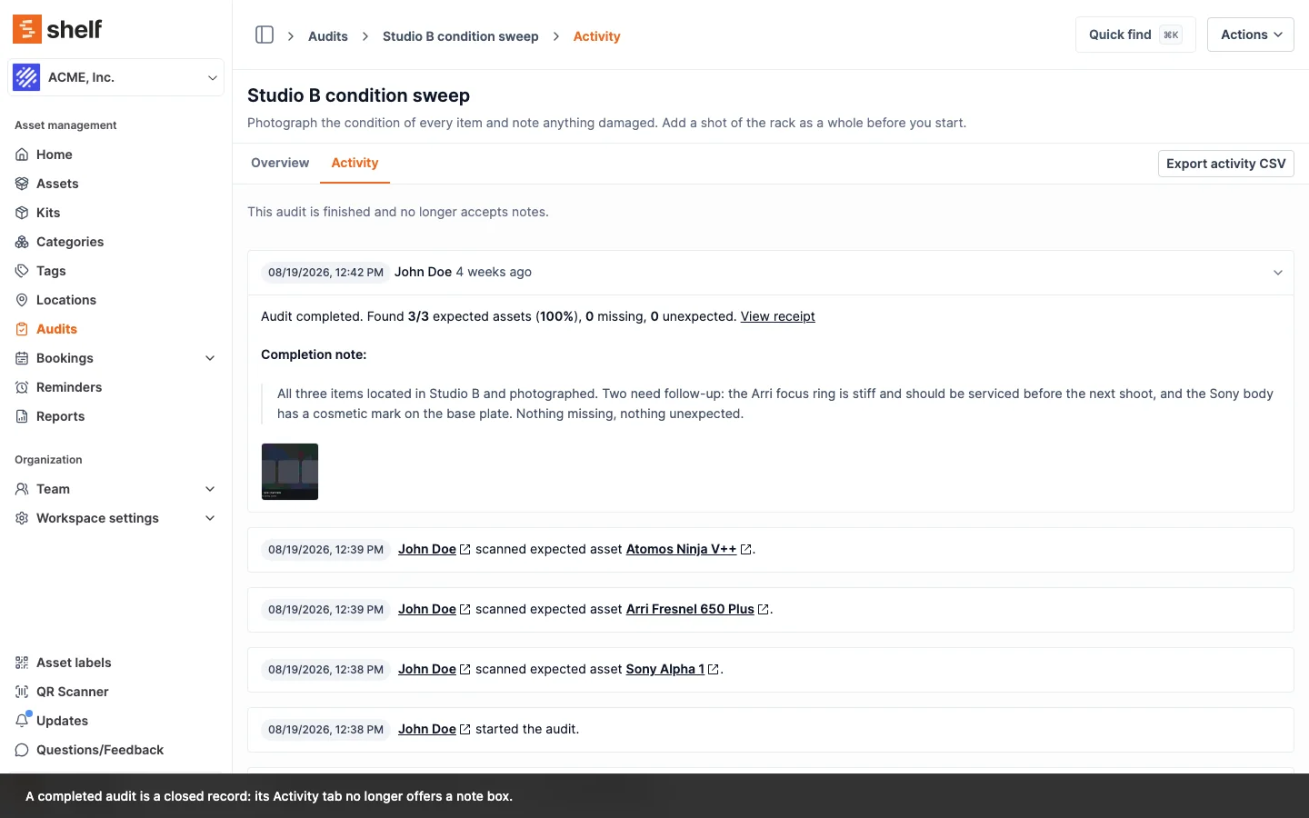 The Activity tab of a completed audit: where the note box used to be, it reads This audit is finished and no longer accepts notes.