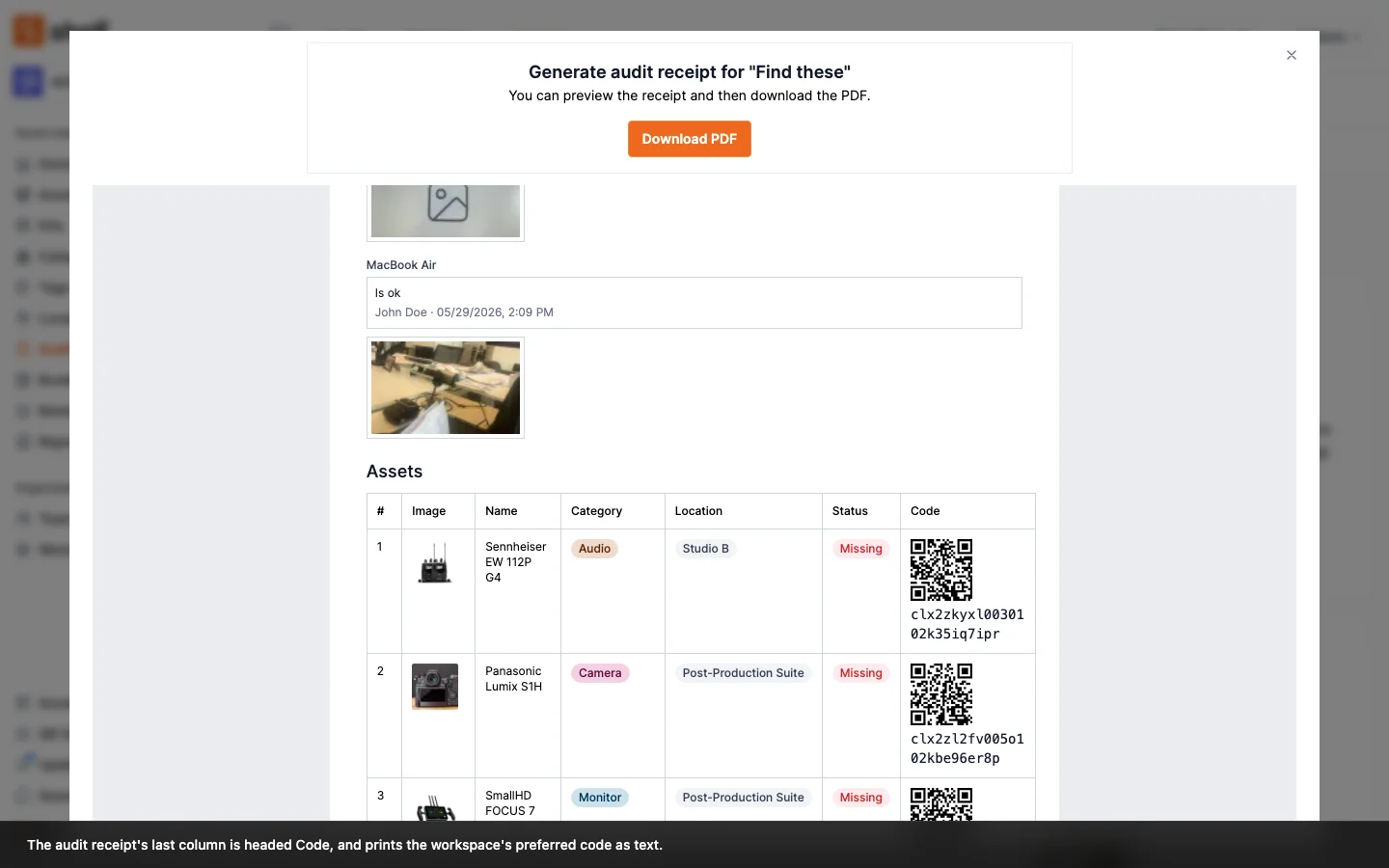 The audit receipt preview's Assets table in a QR Code ID workspace, whose last column is headed Code and prints each asset's code as text under its QR