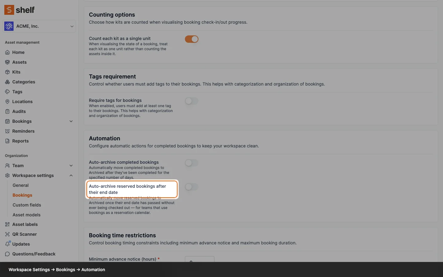 Booking settings Automation card with both auto-archive toggles