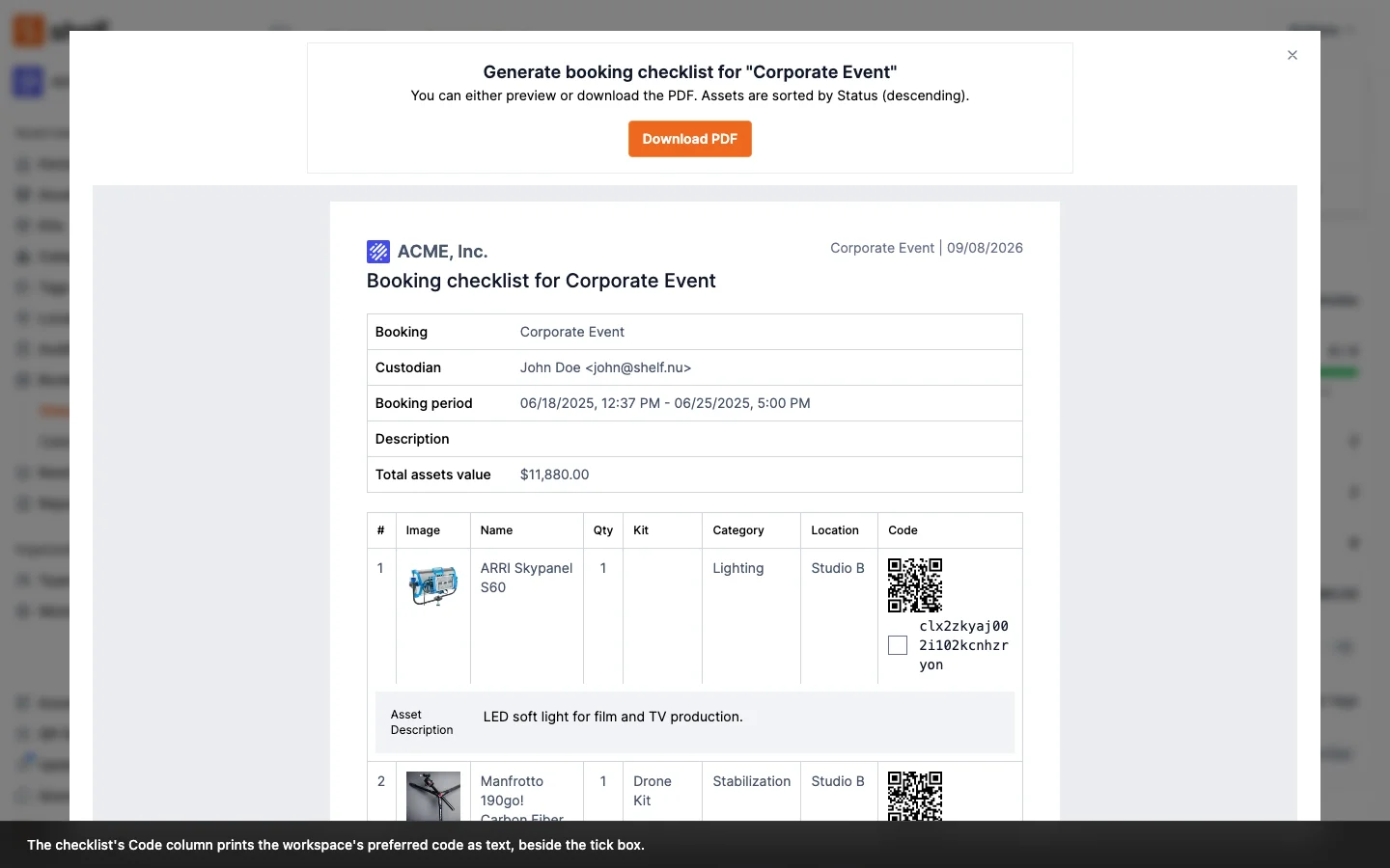 The booking checklist preview, with the Code column printing each asset's code as text under the QR image and the tick box beside it