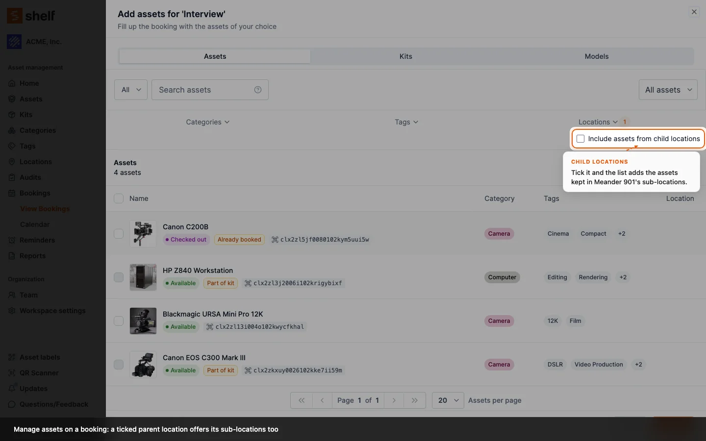 The Add assets dialog on a booking with a parent location ticked in the Locations filter and the Include assets from child locations checkbox under it