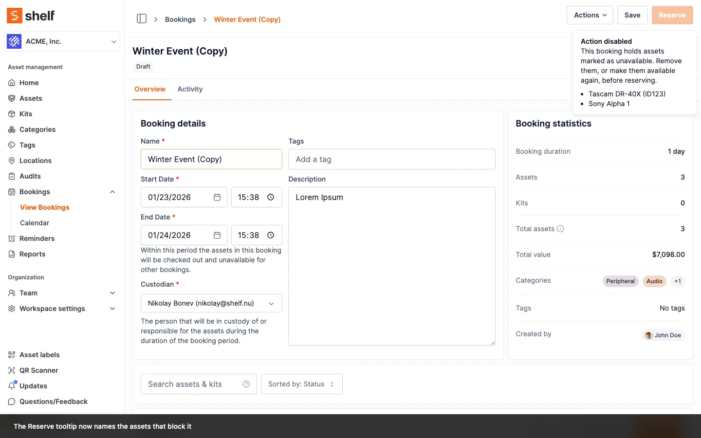 Draft booking holding unavailable assets: the Reserve button's tooltip reads "This booking holds assets marked as unavailable. Remove them, or make them available again, before reserving." and lists Tascam DR-40X (ID123) and Sony Alpha 1 underneath