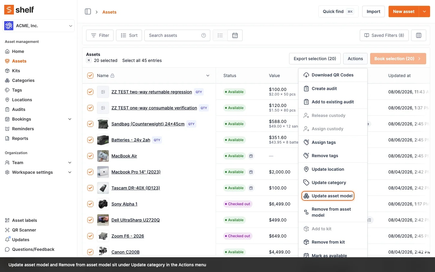 The asset index Actions menu, with Update asset model and Remove from asset model listed under Update category