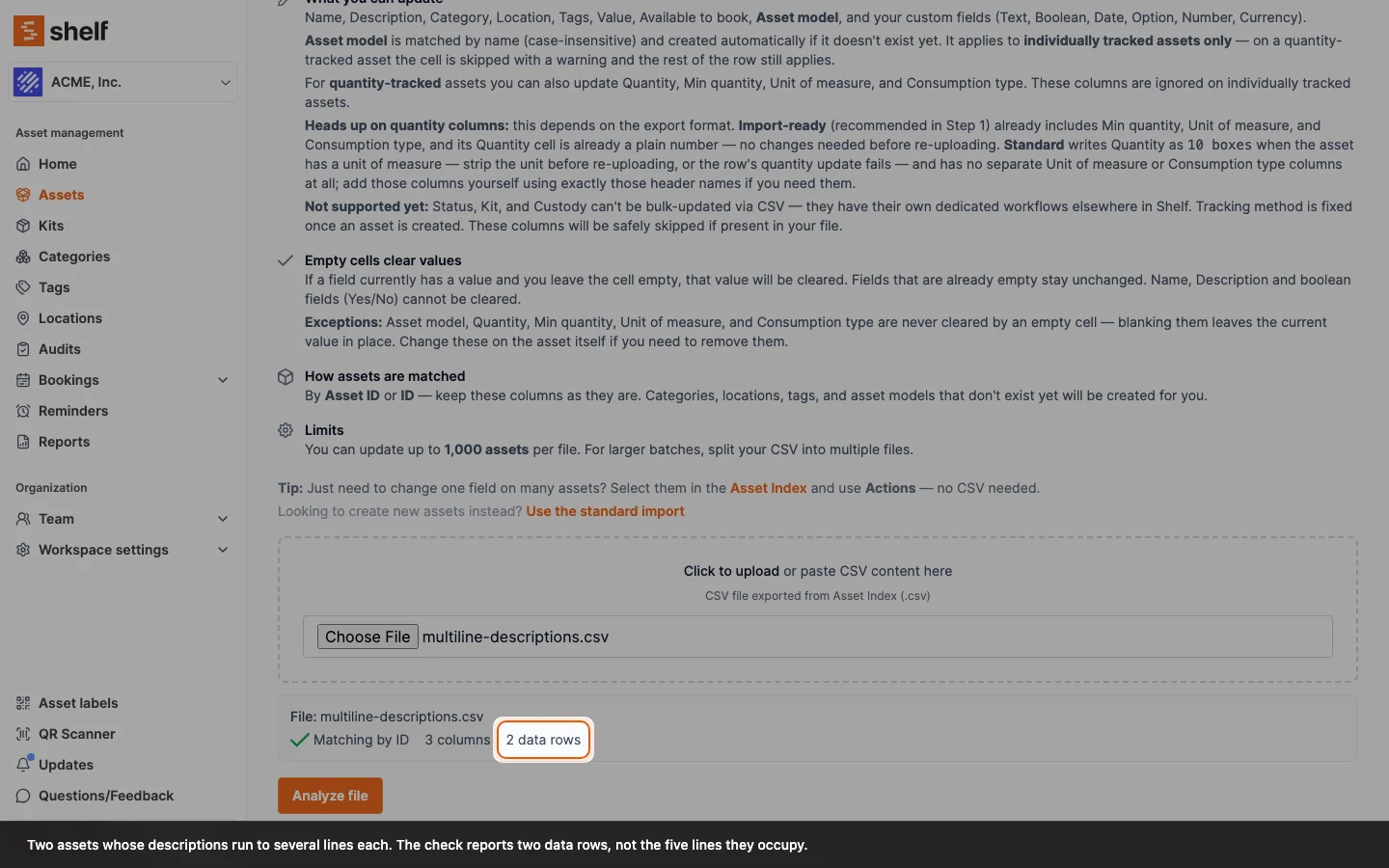 The upload check on the Update existing assets screen, reading "Matching by ID, 3 columns, 2 data rows" for a file whose two descriptions each run to several lines