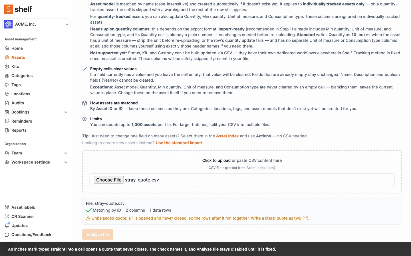 The upload check refusing a file with an unbalanced quote, with the Analyze file button disabled