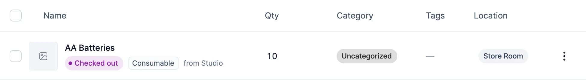 A booking asset row for AA Batteries reading Checked out, Consumable, from Studio, with Store Room in the Location column