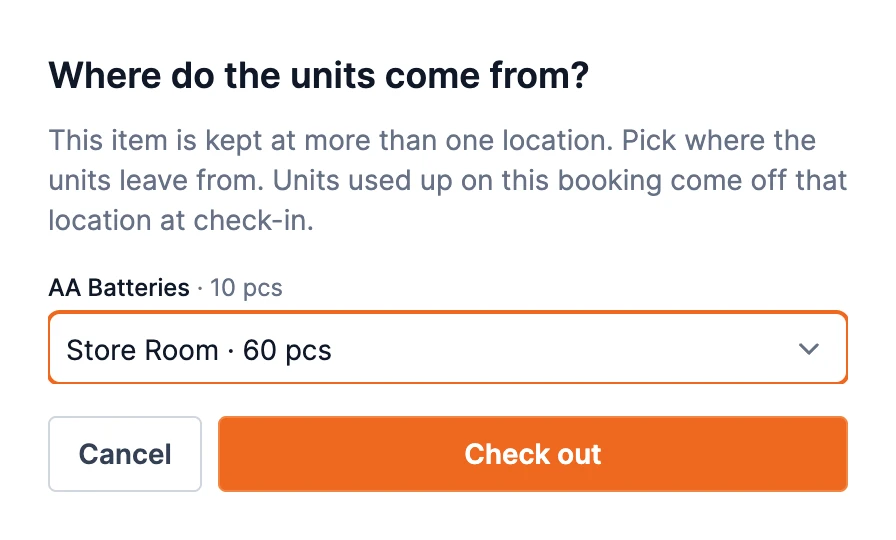 The check-out confirmation titled Where do the units come from?, explaining that the item is kept at more than one location, with one From location select for AA Batteries · 10 pcs pre-selected with Store Room · 60 pcs
