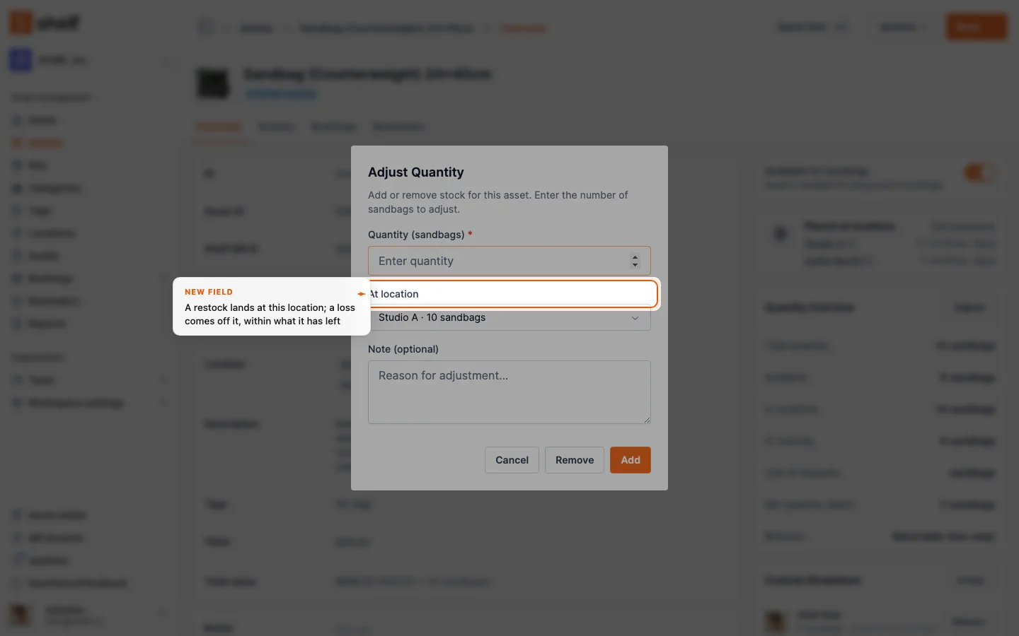 Adjust Quantity dialog with the new At location field, pre-filled with Studio A · 10 sandbags