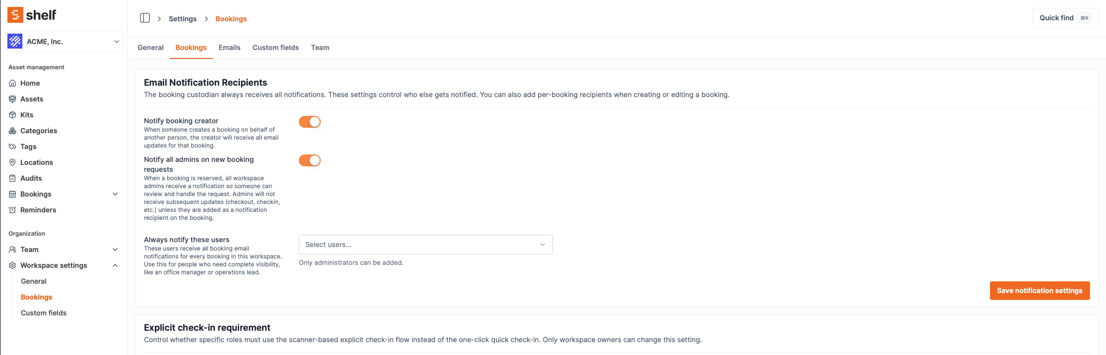 Email Notification Recipients section in Settings > Bookings