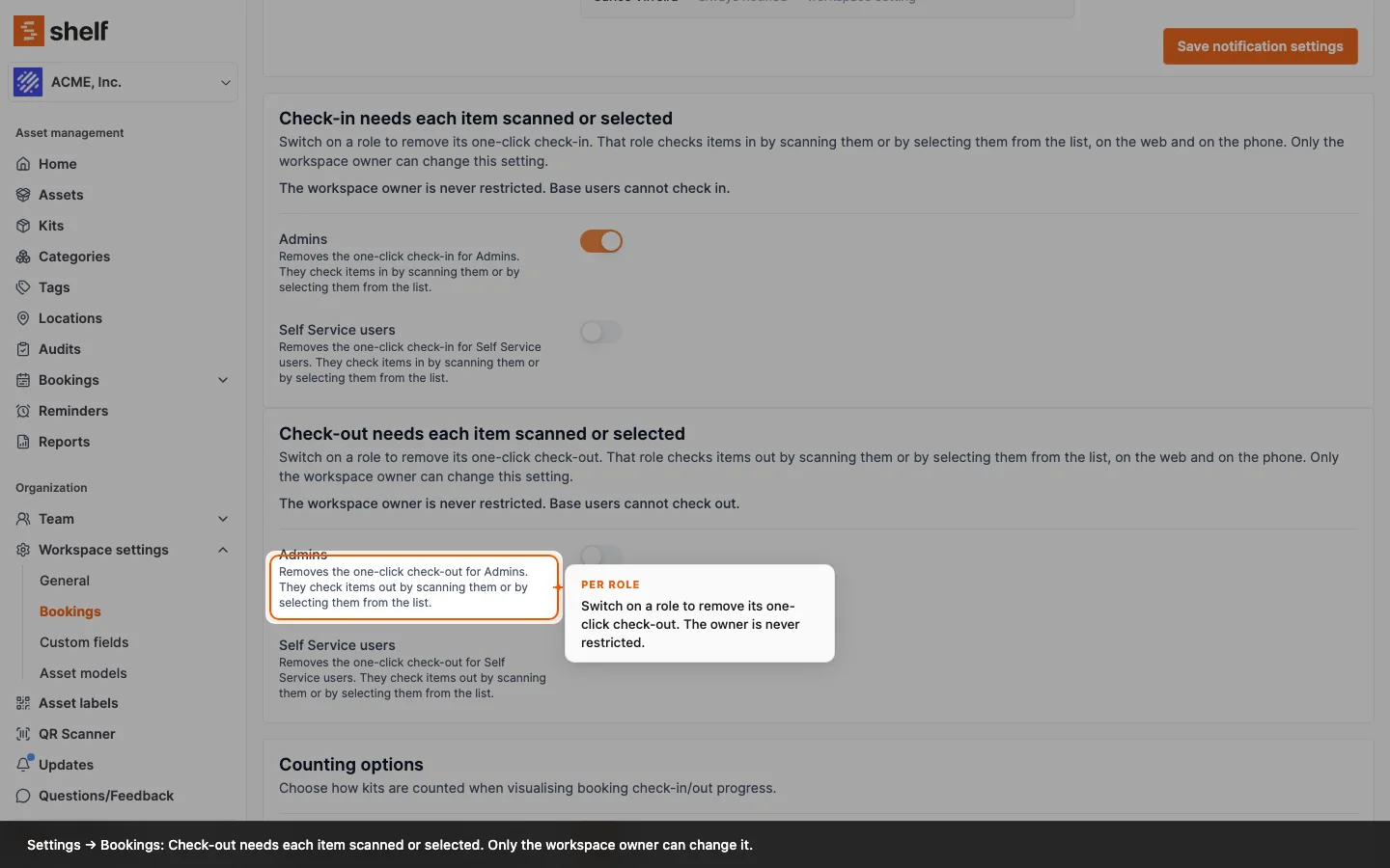 The Check-out needs each item scanned or selected card, with the Admins switch and its description, Removes the one-click check-out for Admins, called out
