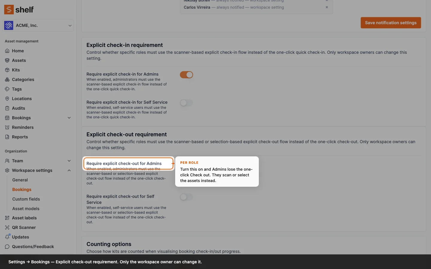 The Explicit check-out requirement card, with the "Require explicit check-out for Admins" switch called out