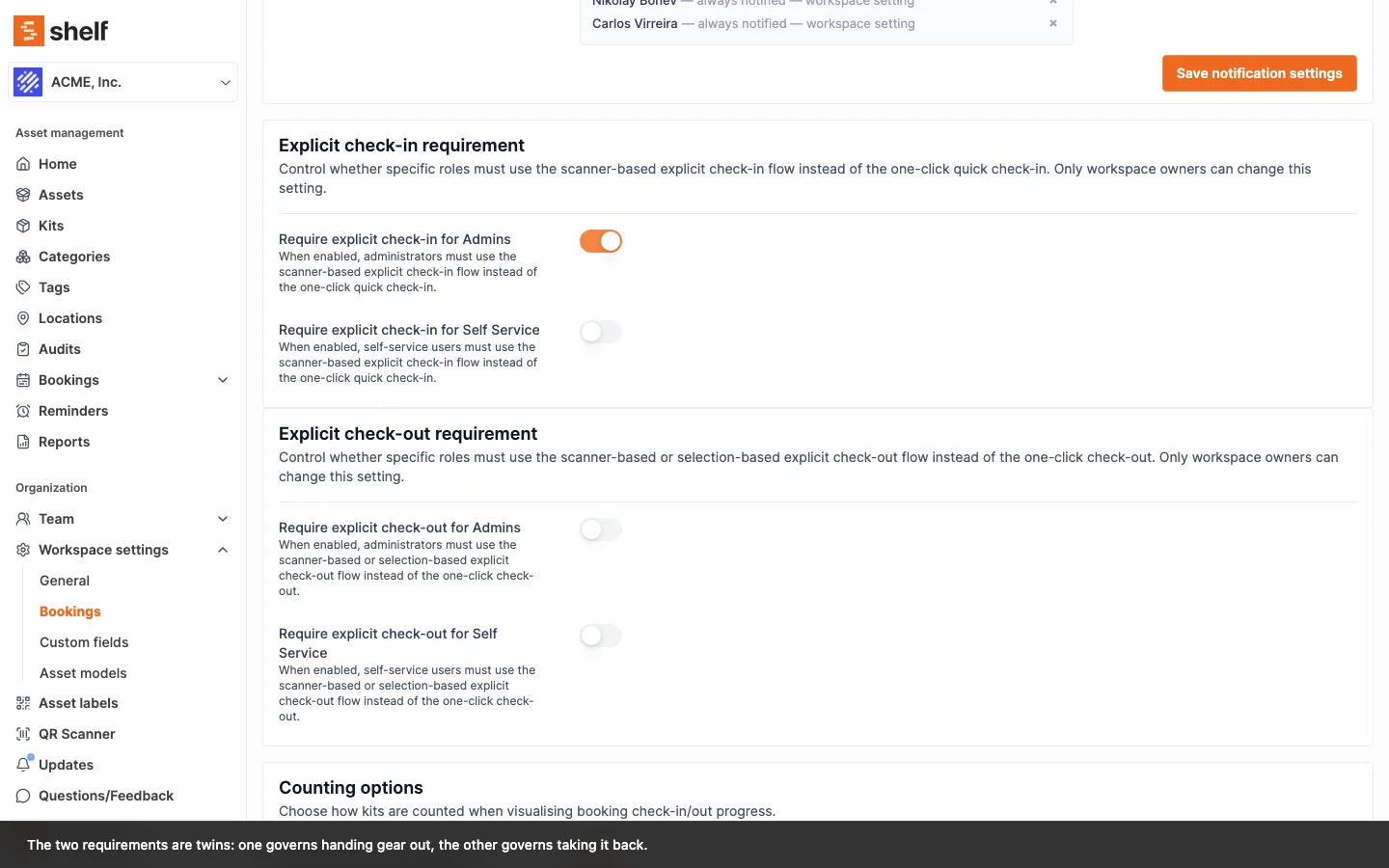 Settings → Bookings showing the Explicit check-in requirement and Explicit check-out requirement cards, each with a switch for Admins and one for Self Service