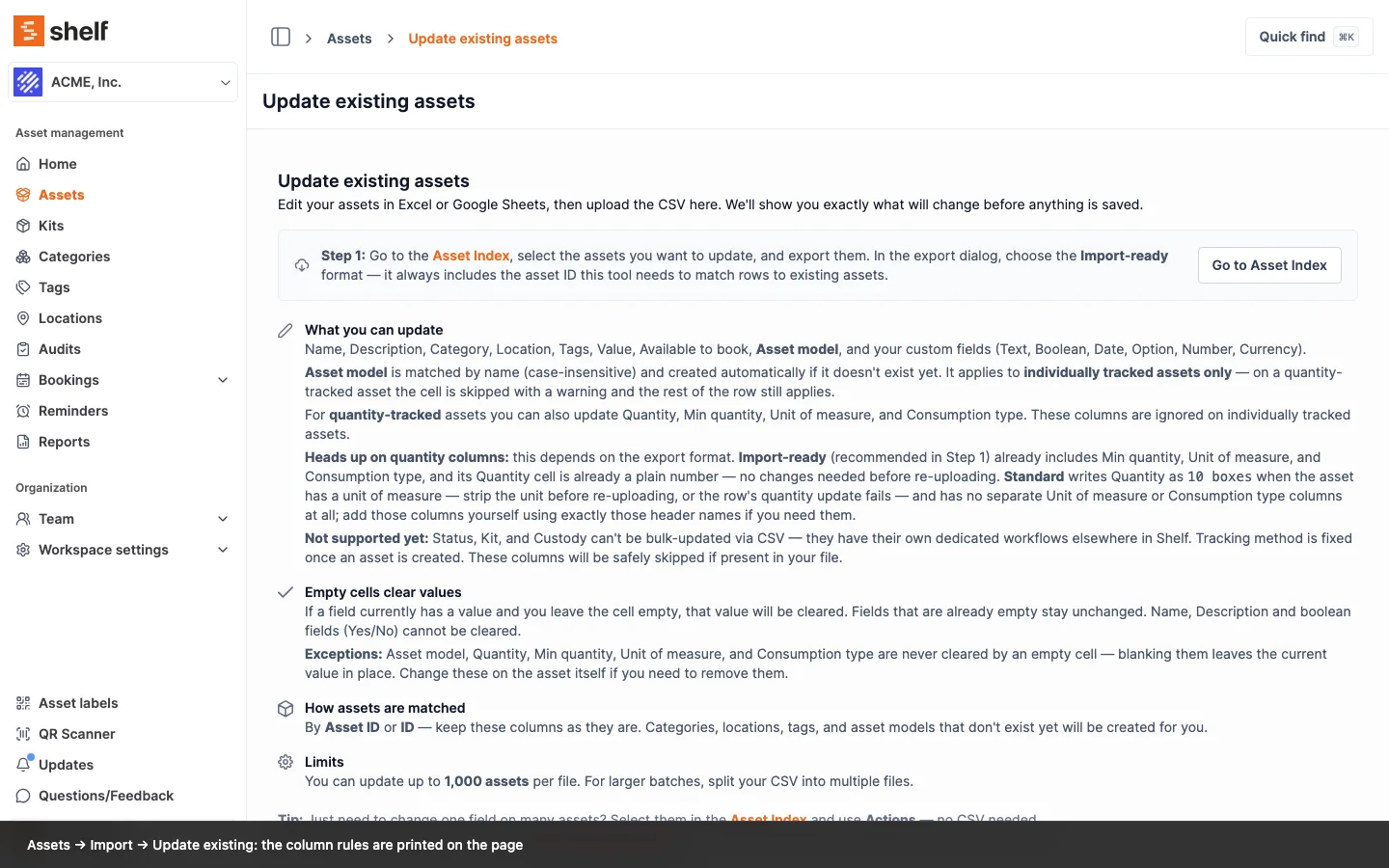 Bulk CSV updates cover asset models and quantity columns