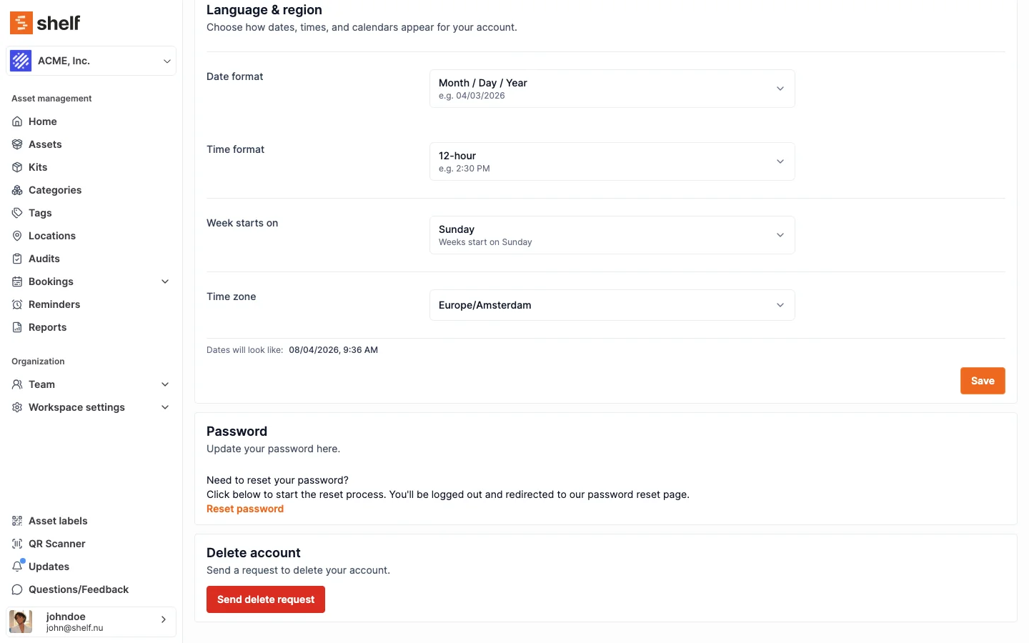 The Language & region card in Shelf account settings, with Date format, Time format, Week starts on, and Time zone selectors above a live preview reading "Dates will look like: 08/04/2026, 9:36 AM"