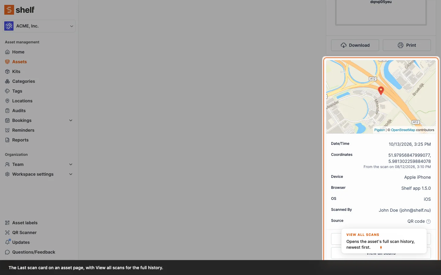 The Last scan card on an asset's overview page, in the right column under the QR code, showing a map, the date and time, coordinates, device, browser, OS, who scanned it and the source, with the View all scans button underneath