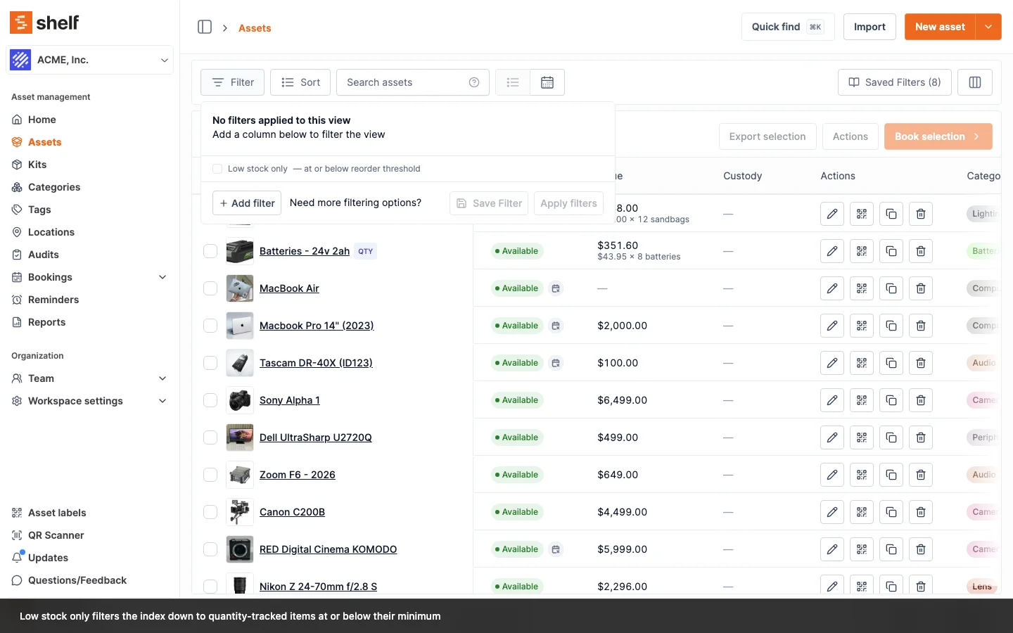 The advanced asset index Filter popover, with the Low stock only checkbox described as "at or below reorder threshold".