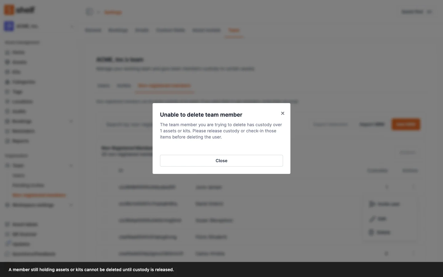 The Unable to delete team member dialog, explaining that the member still holds custody
