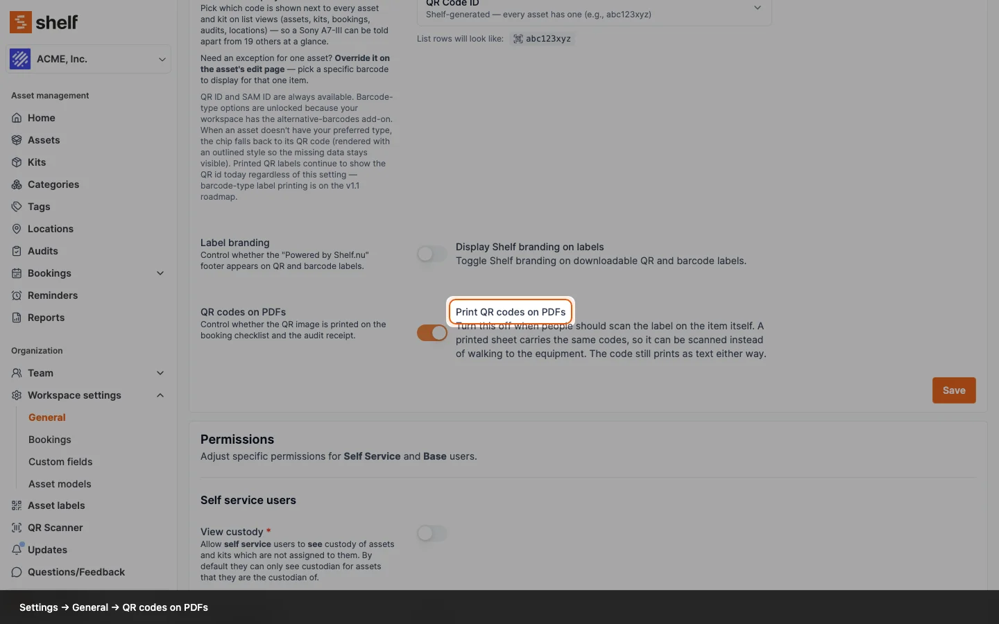 Settings, General, the QR codes on PDFs row with the Print QR codes on PDFs switch turned on