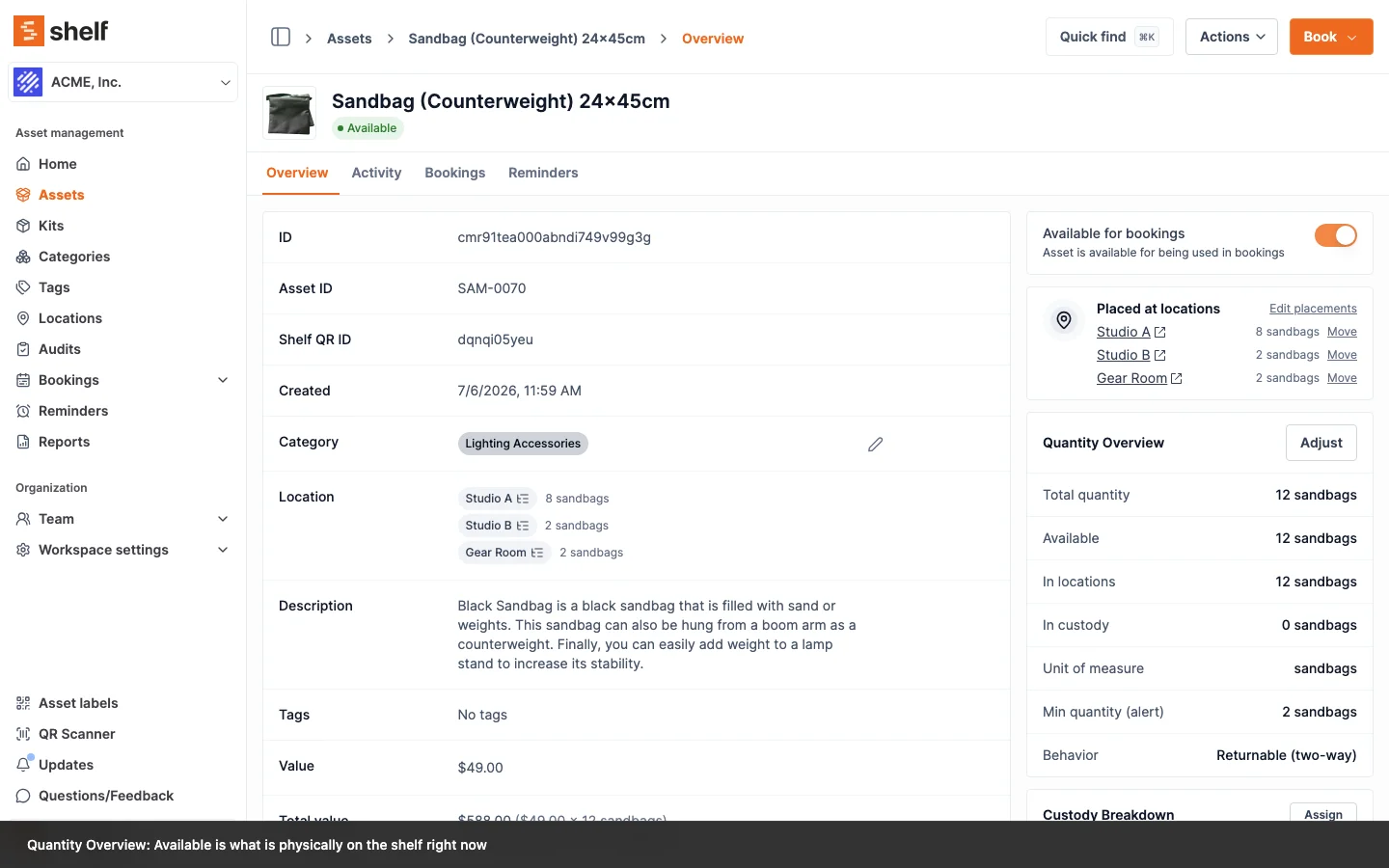 A quantity-tracked asset's overview page, with the Quantity Overview card in the right sidebar listing total quantity, available, in locations, in custody, unit of measure, min quantity and consumption behavior