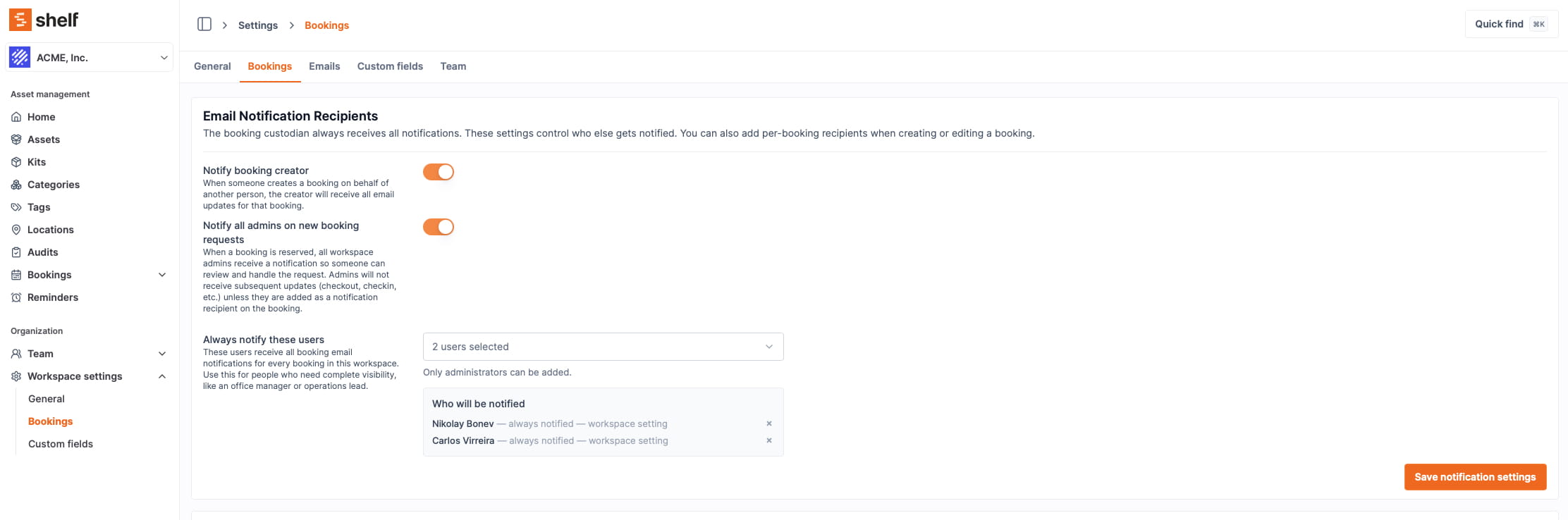 Notification recipients section in the booking form
