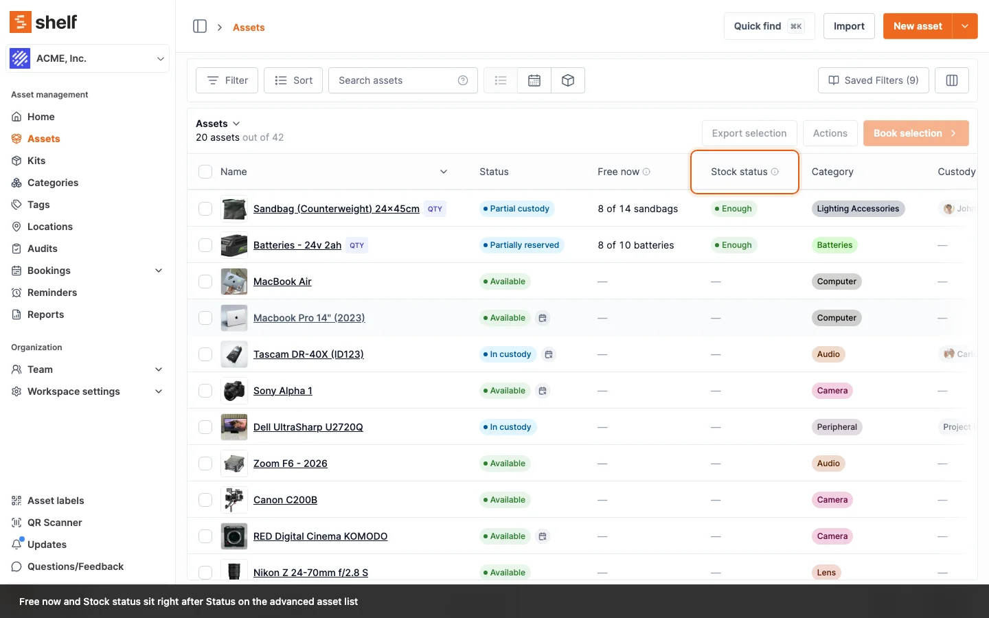 Free Now and Stock Status on the Asset List
