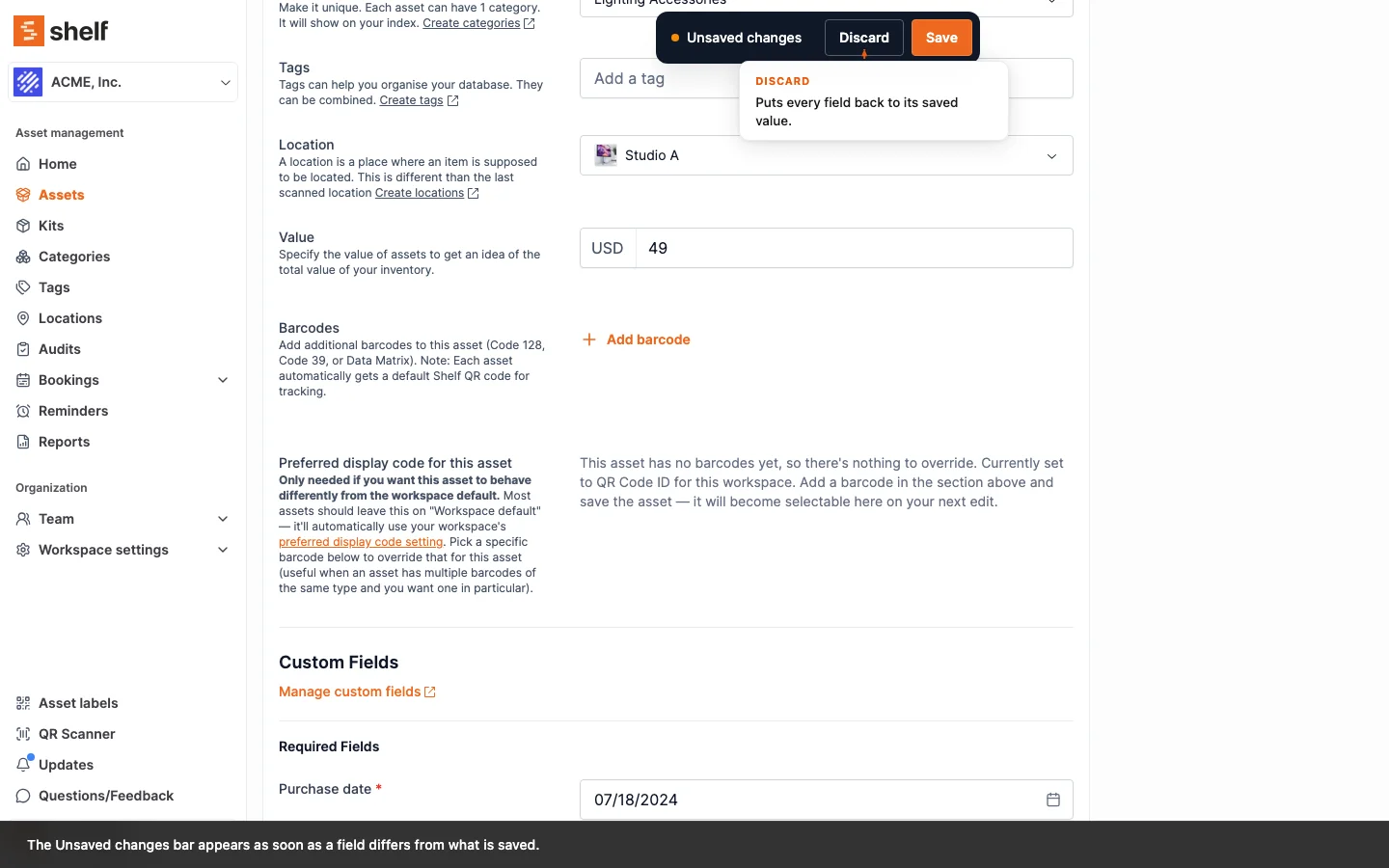 An Unsaved Changes Bar on Asset, Kit, Location and Booking Forms