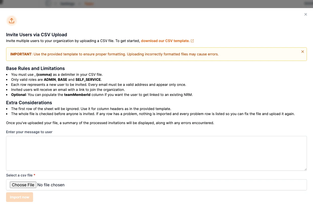 The Invite Users via CSV Upload dialog, listing the base rules, the optional teamMemberId column, and the note that the whole file is checked before anyone is invited